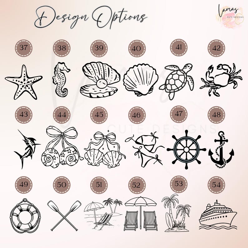 May include: Black and white line art illustrations of various beach and nautical themed designs. Designs include a starfish, seahorse, seashell, turtle, crab, marlin, cherries, bikini, ship's wheel, anchor, life preserver, crossed oars, beach scene, and cruise ship.