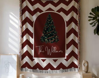 Personalized Christmas Blanket Family Name Woven Throw, Custom Holiday Tapestry Gift