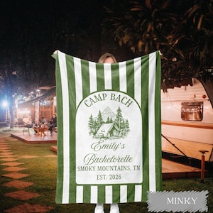 Personalized blanket designed for a bachelorette celebration featuring custom text for the bride tribe, used as party décor or Camp photo backdrop and keepsake throw gift.
