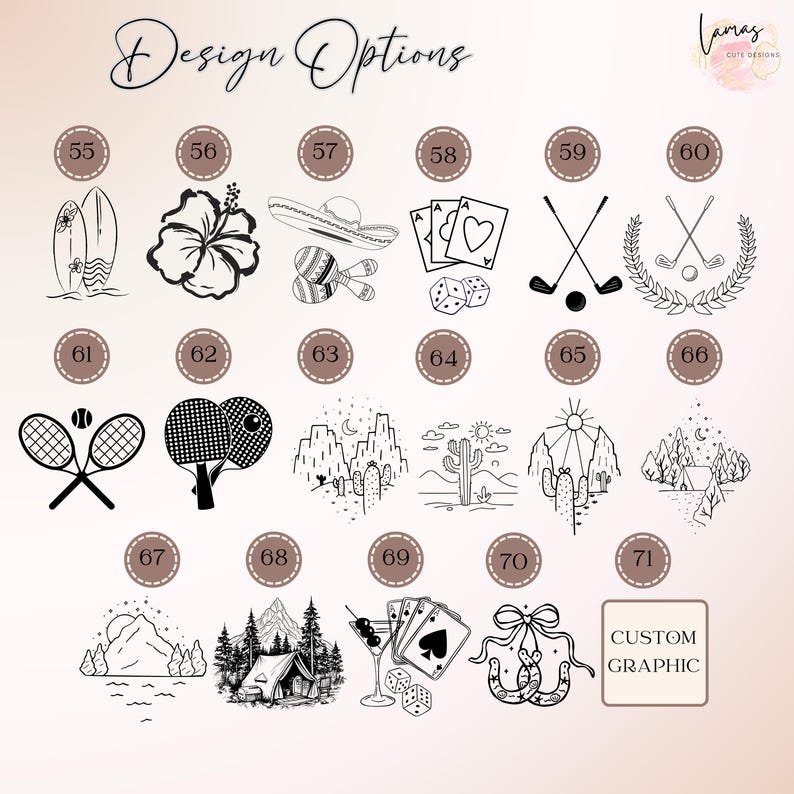May include: A collection of design options featuring various black and white illustrations. Designs include surfboards, a hibiscus flower, a sombrero with maracas, playing cards, golf clubs, tennis rackets, ping pong paddles, desert landscapes, and a custom graphic option.