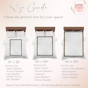 May include: Size guide graphic with three bed setups displaying blanket sizes: 37 x 52 inches, 50 x 60 inches, and 60 x 80 inches. Text reads "Chose the perfect size for your space!" and lists blanket uses. The Lamas Cute Designs logo is in the upper right.
