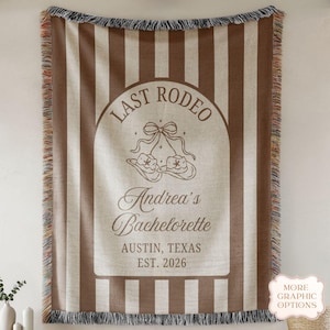 Personalized woven blanket for a Last Rodeo bachelorette party featuring western themed bride squad text, designed as cowgirl party decor, photo backdrop, and memorable keepsake gift.