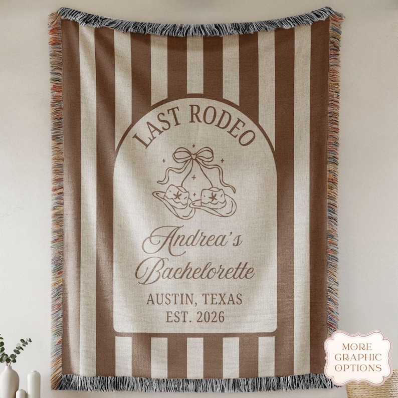 Personalized woven blanket for a Last Rodeo bachelorette party featuring western themed bride squad text, designed as cowgirl party decor, photo backdrop, and memorable keepsake gift.