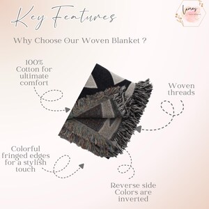 May include: A folded woven blanket with a geometric pattern in black, grey, and white. It has fringed edges in multiple colours. The text on the image says "Key Features" and "Why Choose Our Woven Blanket?"