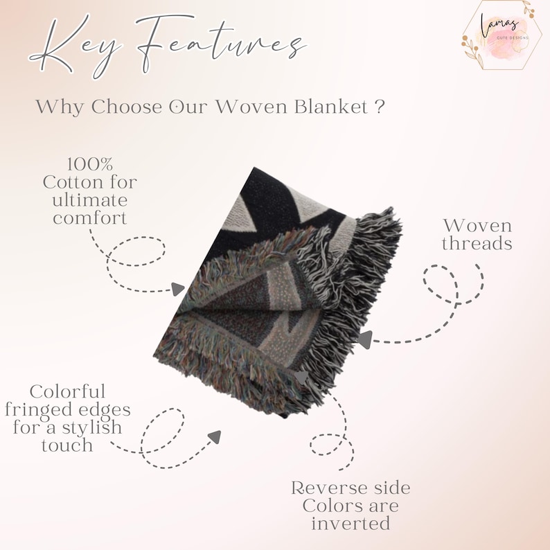 May include: A folded woven blanket with a geometric pattern in black, grey, and white. It has fringed edges in multiple colours. The text on the image says "Key Features" and "Why Choose Our Woven Blanket?"
