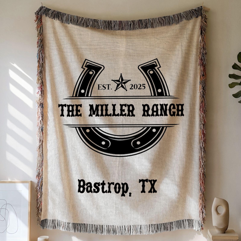 Custom Woven Ranch Blanket: Personalized Horseshoe Cowboy Keepsake