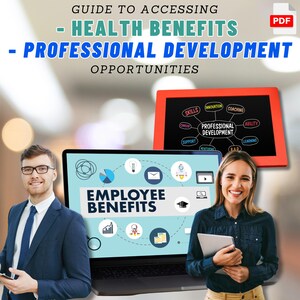 Puede incluir: Una guía para acceder a los beneficios de salud y las oportunidades de desarrollo profesional. La imagen muestra una computadora portátil con una pantalla azul que muestra el texto "Beneficios para empleados" y una variedad de íconos. Una mujer sostiene una tableta frente a la computadora portátil. Un pizarrón rojo con el texto "Desarrollo profesional" y un diagrama de habilidades y capacidades está en el fondo.