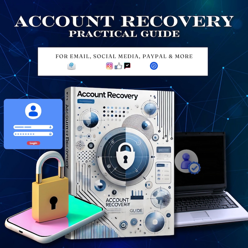 May include: An "Account Recovery Practical Guide" book with a lock graphic, a smartphone, and a laptop. The book cover features a lock icon and technical illustrations. The smartphone displays a gold padlock. The laptop shows a user icon.