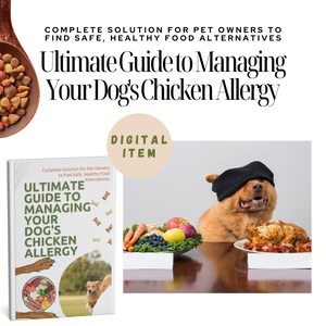 Może przedstawiać: Cyfrowy przewodnik zatytułowany "Ultimate Guide to Managing Your Dog's Chicken Allergy" ze zdjęciem psa z zasłoniętymi oczami, który patrzy na talerz ze zdrowym jedzeniem. Pies siedzi przy stole, a po drugiej stronie znajduje się talerz z kurczakiem.
