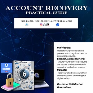 May include: A practical guide to account recovery, with the title in white on a dark blue background. The guide covers email, social media, PayPal, and more. A graphic of a lock and key is featured.