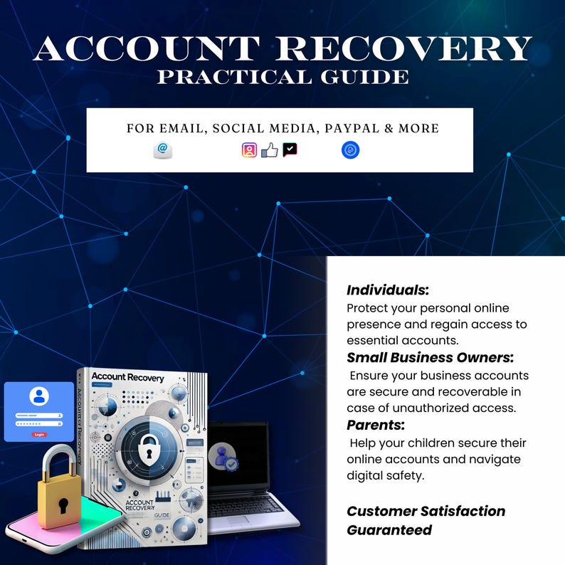 May include: A practical guide to account recovery, with the title in white on a dark blue background. The guide covers email, social media, PayPal, and more. A graphic of a lock and key is featured.