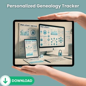 Puede incluir: Una tableta que muestra una maqueta de una interfaz de software de seguimiento de genealogía. La pantalla muestra una computadora de escritorio con un árbol genealógico y el texto "DNA Legacy Archive" y "DNA Legacy".
