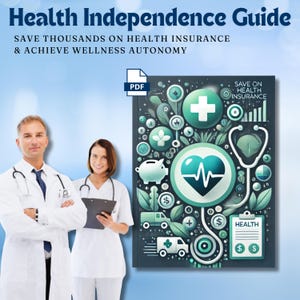 Könnte beinhalten: Ein Leitfaden mit dem Titel "Health Independence Guide" mit einem PDF-Symbol, das eine farbenfrohe Illustration eines Herzens mit einer Herzschlaglinie, einem Stethoskop, einem Sparschwein, einem Pluszeichen und Dollarzeichen zeigt. Der Text "Save on Health Insurance" ist ebenfalls sichtbar.