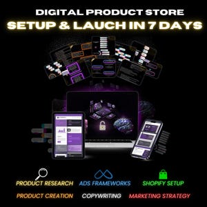 Puede incluir: Una guía para configurar y lanzar una tienda de productos digitales en 7 días. La guía incluye investigación de productos, marcos de anuncios, redacción, configuración de Shopify y estrategia de marketing. La imagen muestra una computadora portátil, una tableta y un teléfono inteligente con un esquema de color morado y negro.