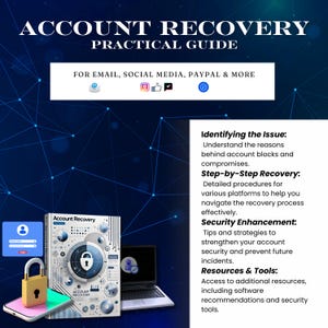 May include: A dark blue graphic with the text "ACCOUNT RECOVERY PRACTICAL GUIDE." The image includes a book, a laptop, a phone with a lock icon, and icons for email, social media, and PayPal. The book cover reads "Account Recovery Guide."