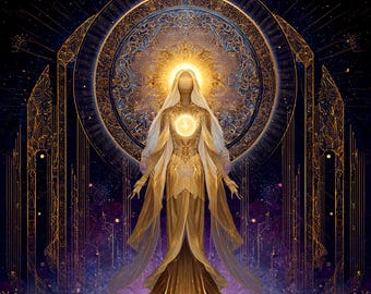 Könnte beinhalten: Digitale Illustration einer himmlischen Figur in einem goldenen Gewand, die Licht ausstrahlt. Die Figur steht vor einem detaillierten kreisförmigen Design mit einem dunkelblauen und violetten Hintergrund, was ein Gefühl kosmischer Spiritualität hervorruft.