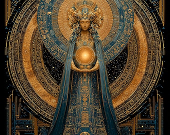 Könnte beinhalten: Digitales Kunstwerk einer Frau in einem blau-goldenen Gewand, die eine leuchtende Kugel hält. Der Hintergrund zeigt konzentrische Kreise und Himmelsmuster, wodurch eine mystische und ätherische Atmosphäre entsteht.