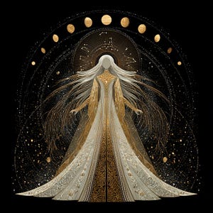 Könnte beinhalten: Illustration einer himmlischen Figur mit langem, weißem Haar und einem fließenden goldenen und weißen Gewand. Die Figur ist vor einem schwarzen Hintergrund mit goldenen Akzenten platziert, darunter ein Heiligenschein aus Sternbildern und Mondphasen. Das Kunstwerk hat ein mystisches Thema.