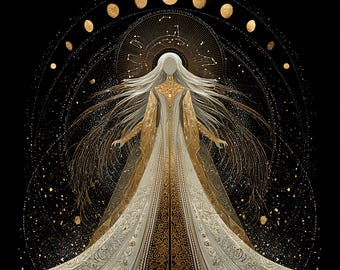 Gold Moon Phases Goddess Art – Spiritual Celestial Print (Digital Download)
