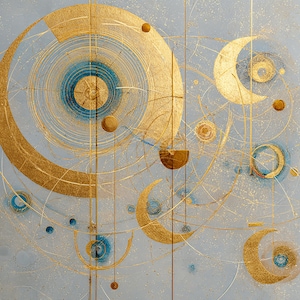 Puede incluir: Impresión artística abstracta con elementos celestiales dorados sobre un fondo azul claro. El diseño incluye círculos concéntricos, formas de media luna y esferas, con finas líneas y acentos dorados. La obra evoca una sensación de asombro cósmico y exploración.
