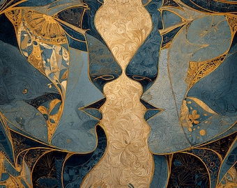 May include: Abstract digital art featuring stylized profiles in shades of blue and gold. The artwork has a symmetrical design with intricate floral patterns and a textured appearance, creating a sense of depth and elegance.