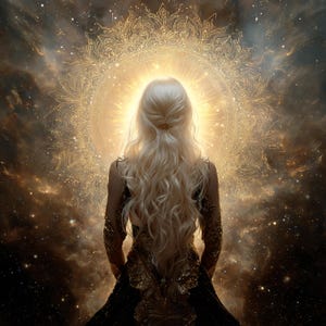 May include: A digital art piece featuring a person with long, flowing blonde hair, facing away from the viewer. The person is wearing a dark dress with gold accents, set against a backdrop of a glowing, golden mandala and a starry cosmos.