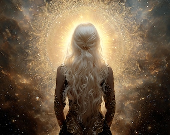 May include: A digital art piece featuring a person with long, flowing blonde hair, facing away from the viewer. The person is wearing a dark dress with gold accents, set against a backdrop of a glowing, golden mandala and a starry cosmos.