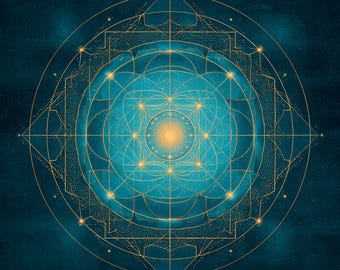 Può includere: Un design geometrico color teal e oro con un motivo centrale a forma di raggio di sole. L'opera presenta cerchi e quadrati concentrici, con linee dorate e accenti a forma di stella su uno sfondo teal scuro. Tema celeste o spirituale.