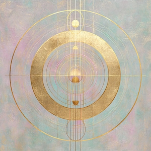 May include: Abstract art print with gold concentric circles and lines on a soft pastel background of blue, pink, and green. The design has a geometric, celestial theme, with a textured, painted appearance.