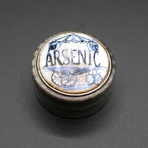 Antique ARSENIC pillbox, Curiosa, silverplate with enamel, very rare