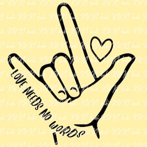 Puede incluir: Ilustración en blanco y negro de una mano haciendo el signo de lenguaje de señas americano para "Te amo". La mano está haciendo el signo con el dedo índice y el meñique extendidos, y el pulgar está metido. El dedo medio y el anular están doblados hacia abajo. El texto "El amor no necesita palabras" está escrito debajo de la mano.