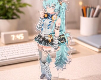 15cm Teal Twin-Tail Anime Acrylic Stand – Cute Idol Style Desk Display Figure, Decorative Character Standee with Base
