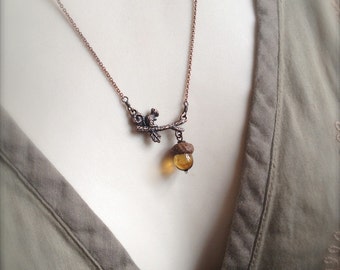 Mini Glass Acorn - Streaky Topaz with Squirrel Necklace by Bullseyebeads