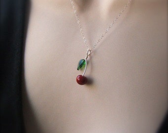 Glass Cherry Rockabilly Necklace in Sterling Silver by Bullseyebeads