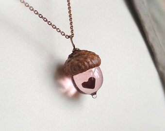 Glass Acorn Necklace: Mini Pink Peter Pan Kiss with Heart by Bullseyebeads