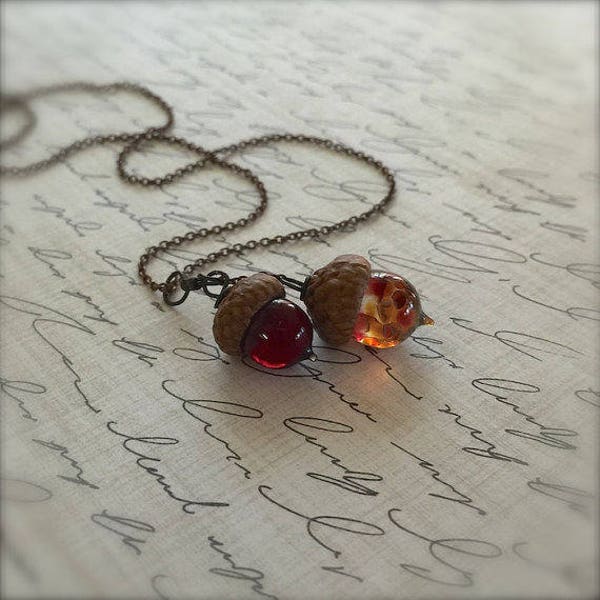 Glass Double Acorn Necklace - Autumn Harvest - by Bullseyebeads