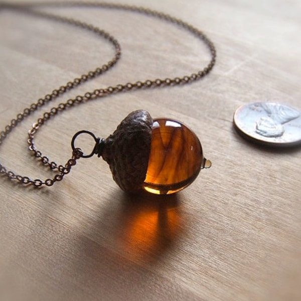 Glass Acorn Necklace in Dark Streaky Transparent Topaz by Bullseyebeads