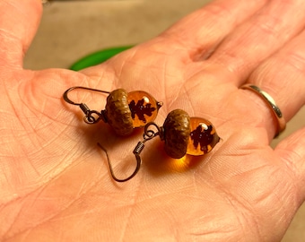 Glass Acorn Earrings -Topaz with Copper Oak Leaves by Bullseyebeads