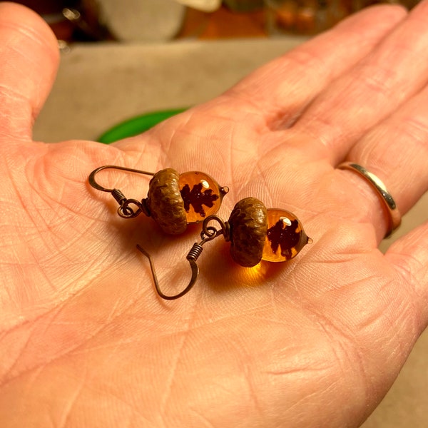 Glass Acorn Earrings -Topaz with Copper Oak Leaves by Bullseyebeads