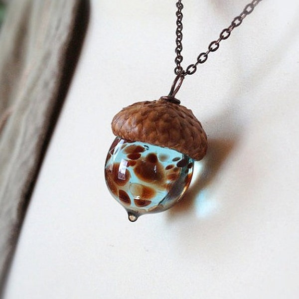 Glass Autumn Acorn Necklace - Pale Aquamarine with Brown Flecks by Bullseyebeads