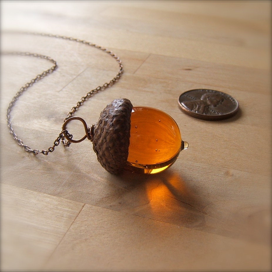 Glass Acorn Necklace in Transparent Topaz by Bullseyebeads
