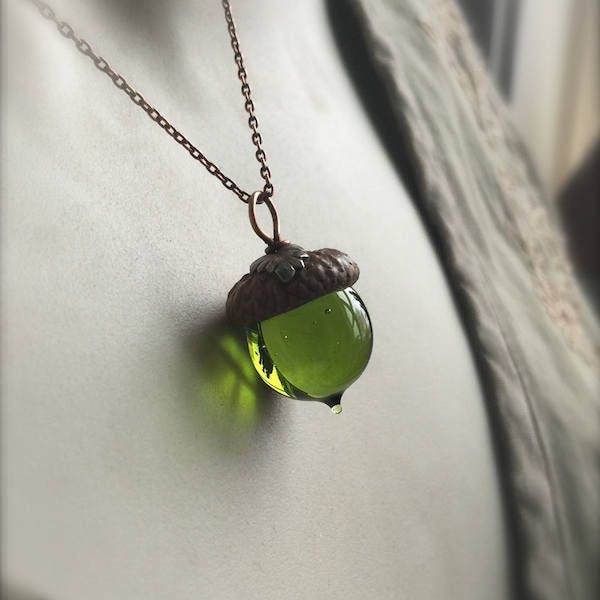 Glass Acorn Necklace - Olivine with Metal Leaf - by Bullseyebeads