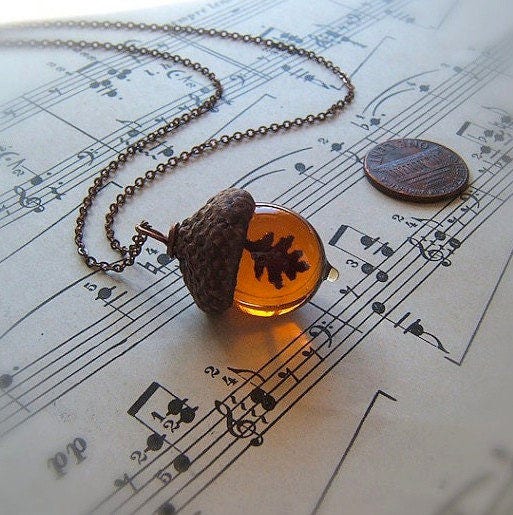 Glass Acorn Necklace - Topaz with Encased Copper Oak Leaf - by Bullse…