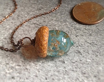 Mini Glass Acorn Necklace - Pale Aquamarine with Goldstone Sparkle by Bullseyebeads