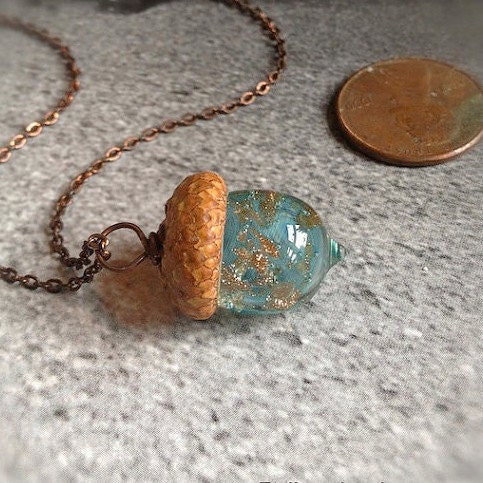 Mini Glass Acorn Necklace in Pale Aquamarine with Goldstone Sparkle b…