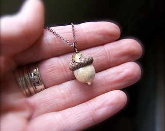 Mini Glass Acorn Necklace - Autumn Ivory with Leaf by Bullseyebeads