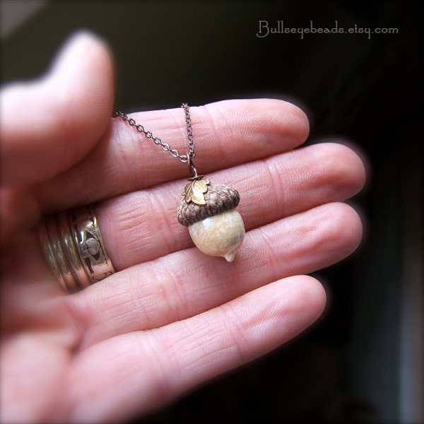 Mini Glass Acorn Necklace - Autumn Ivory with Leaf by Bullseyebeads