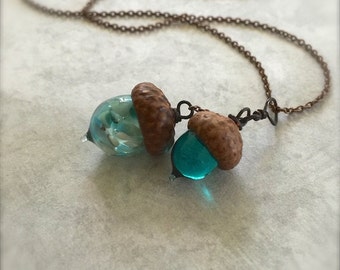 Glass Double Acorn Necklace - Carribean Teal - by Bullseyebeads