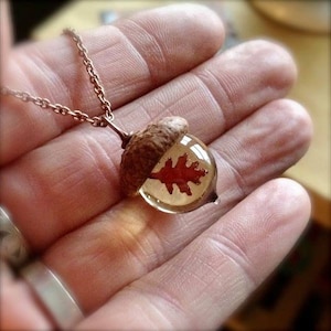 Glass Acorn Necklace in Transparent Light Brown with Encased Copper Oak Leaf by Bullseyebeads
