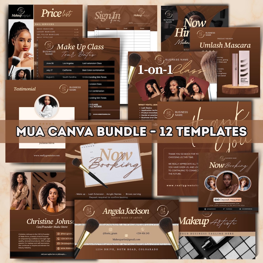 Makeup Artistry Canva Template Bundle – 12 Brown Editable Templates for ...